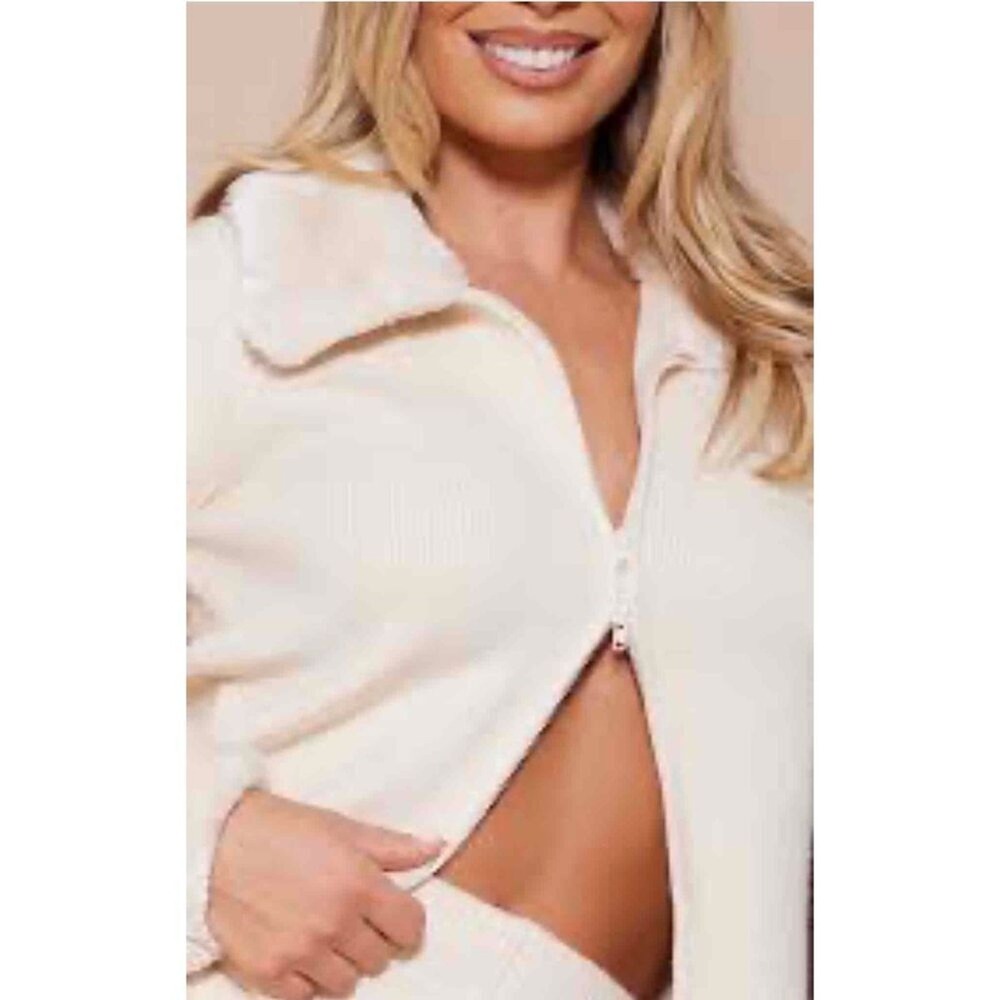 NY Collection NWT Off White Zipper Faux Fur Collar/Sleeve Sweater Size Small